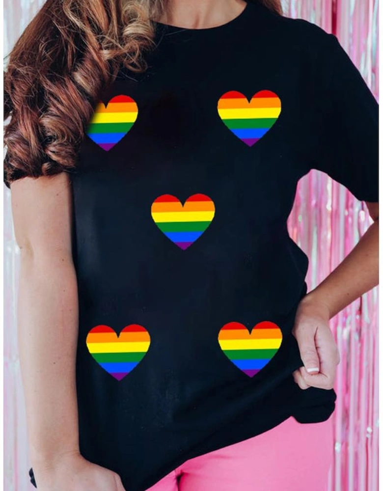 Black Heart Print Crew Neck Chic T Shirt