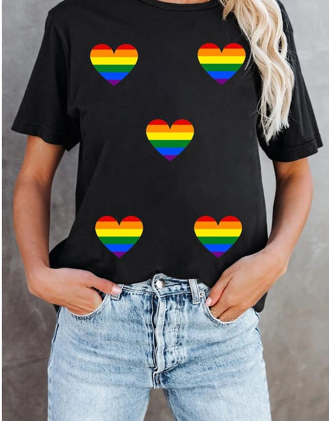 Black Heart Print Crew Neck Chic T Shirt