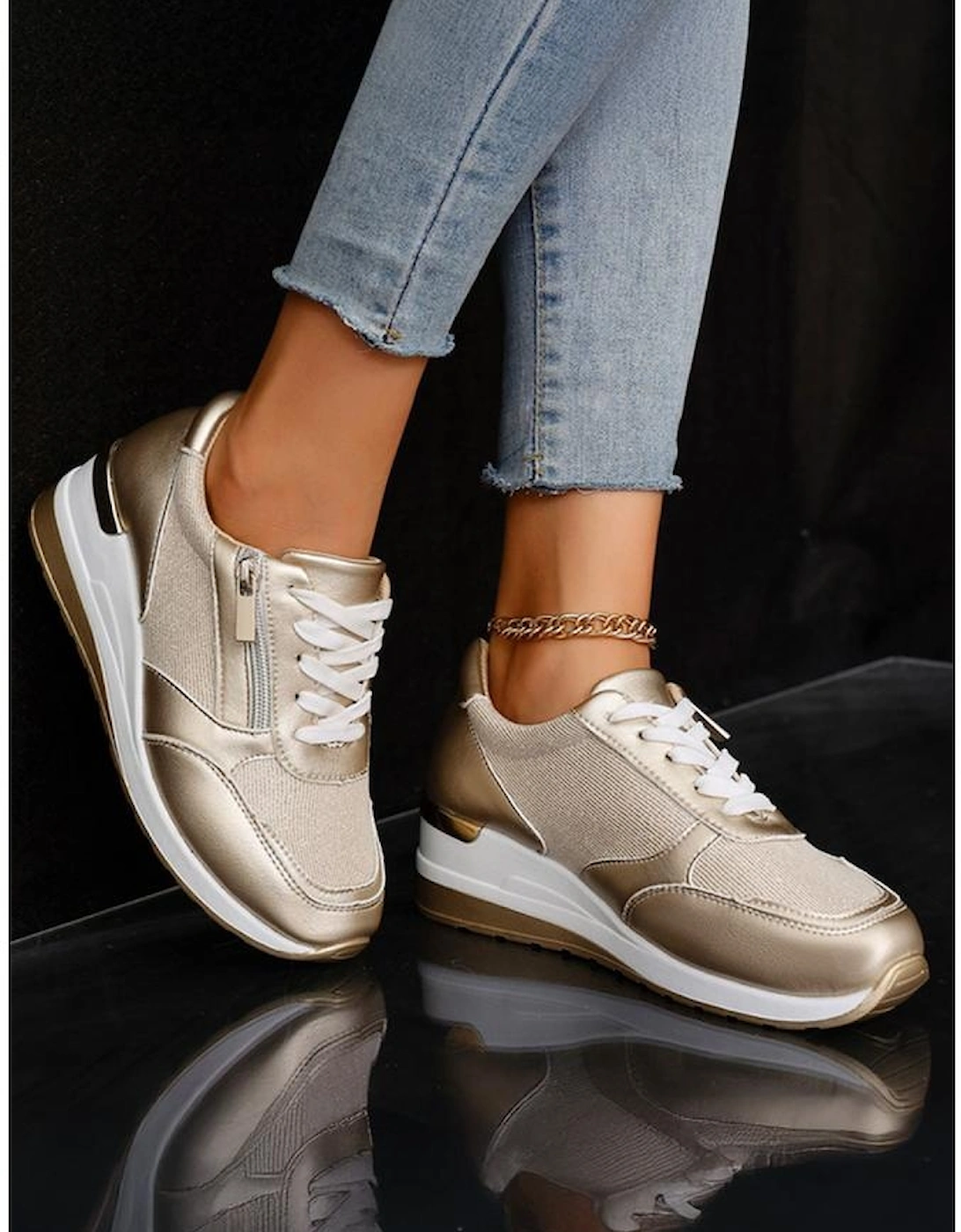 Gold PU Leather Patchwork Zipper Lace-up Sneakers