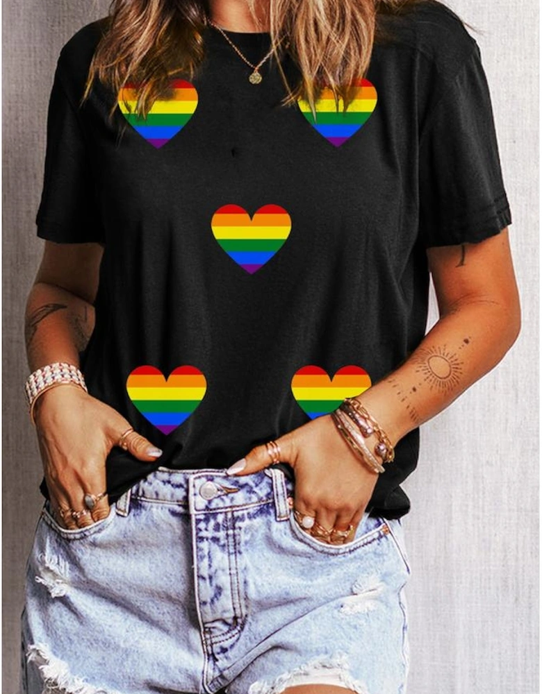 Black Heart Print Crew Neck Chic T Shirt