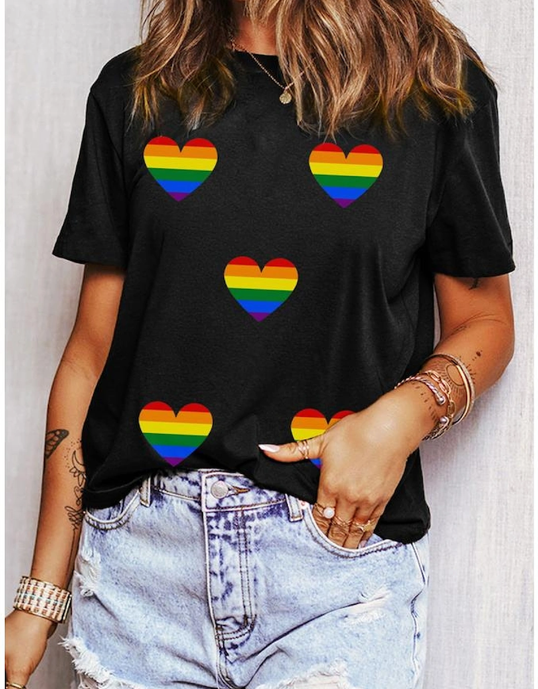 Black Heart Print Crew Neck Chic T Shirt