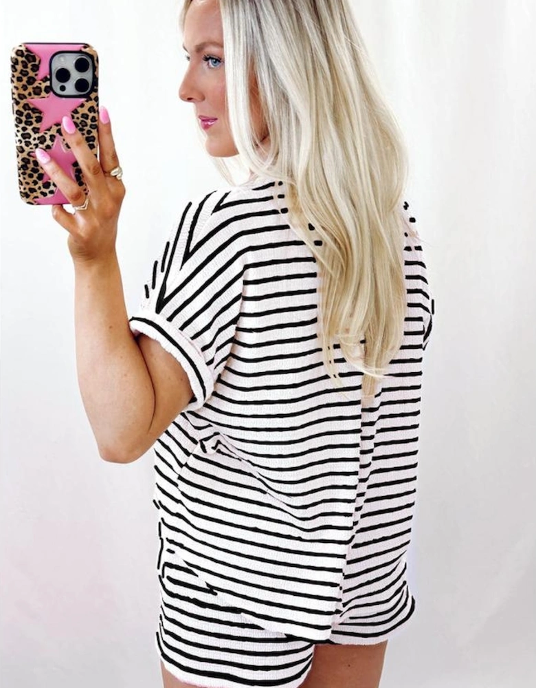 Black Stripe Knitted Short Sleeve Top and Drawstring Shorts Set