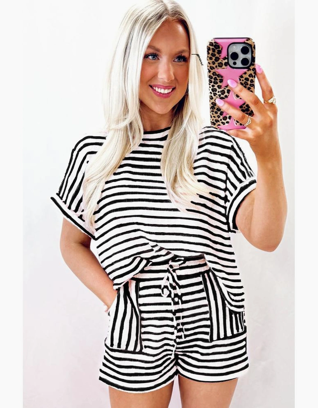 Black Stripe Knitted Short Sleeve Top and Drawstring Shorts Set