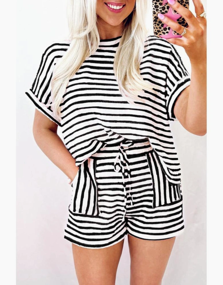 Black Stripe Knitted Short Sleeve Top and Drawstring Shorts Set