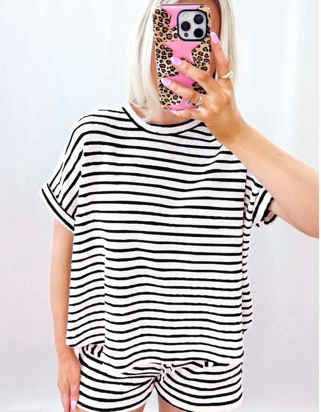 Black Stripe Knitted Short Sleeve Top and Drawstring Shorts Set