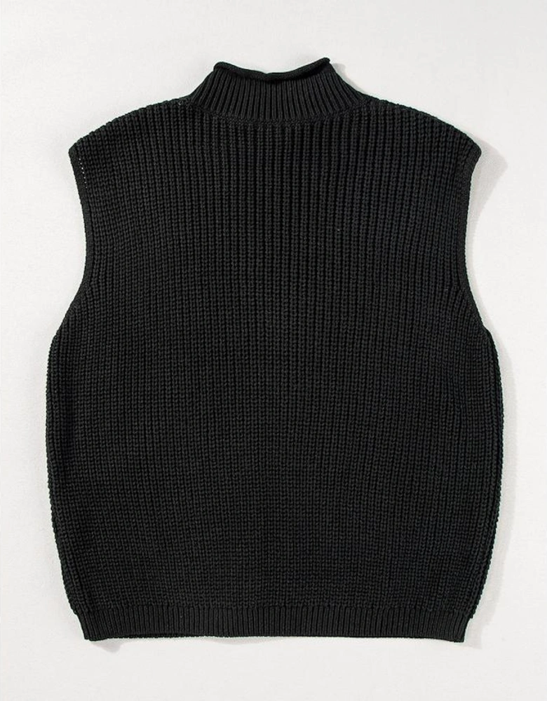 Black Solid Color Cable Knit High Neck Sweater Vest
