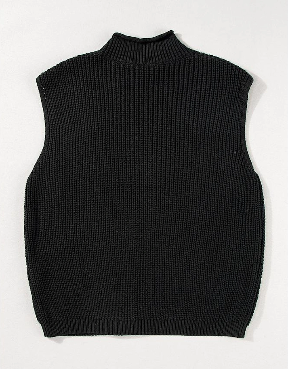 Black Solid Color Cable Knit High Neck Sweater Vest