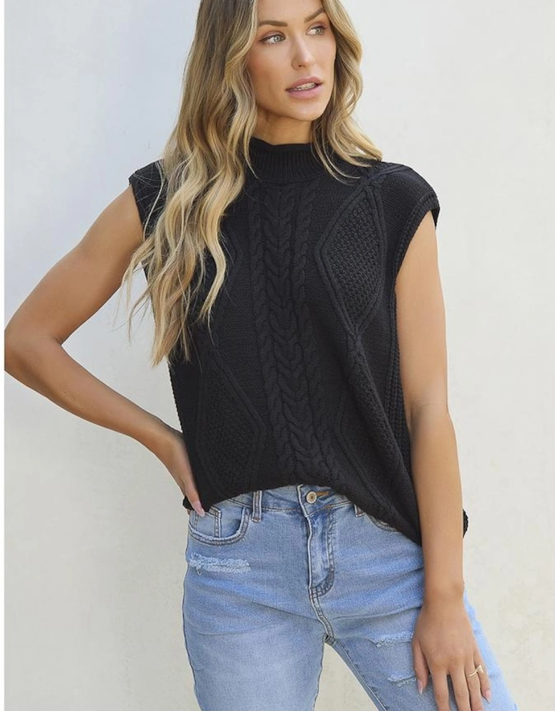 Black Solid Color Cable Knit High Neck Sweater Vest