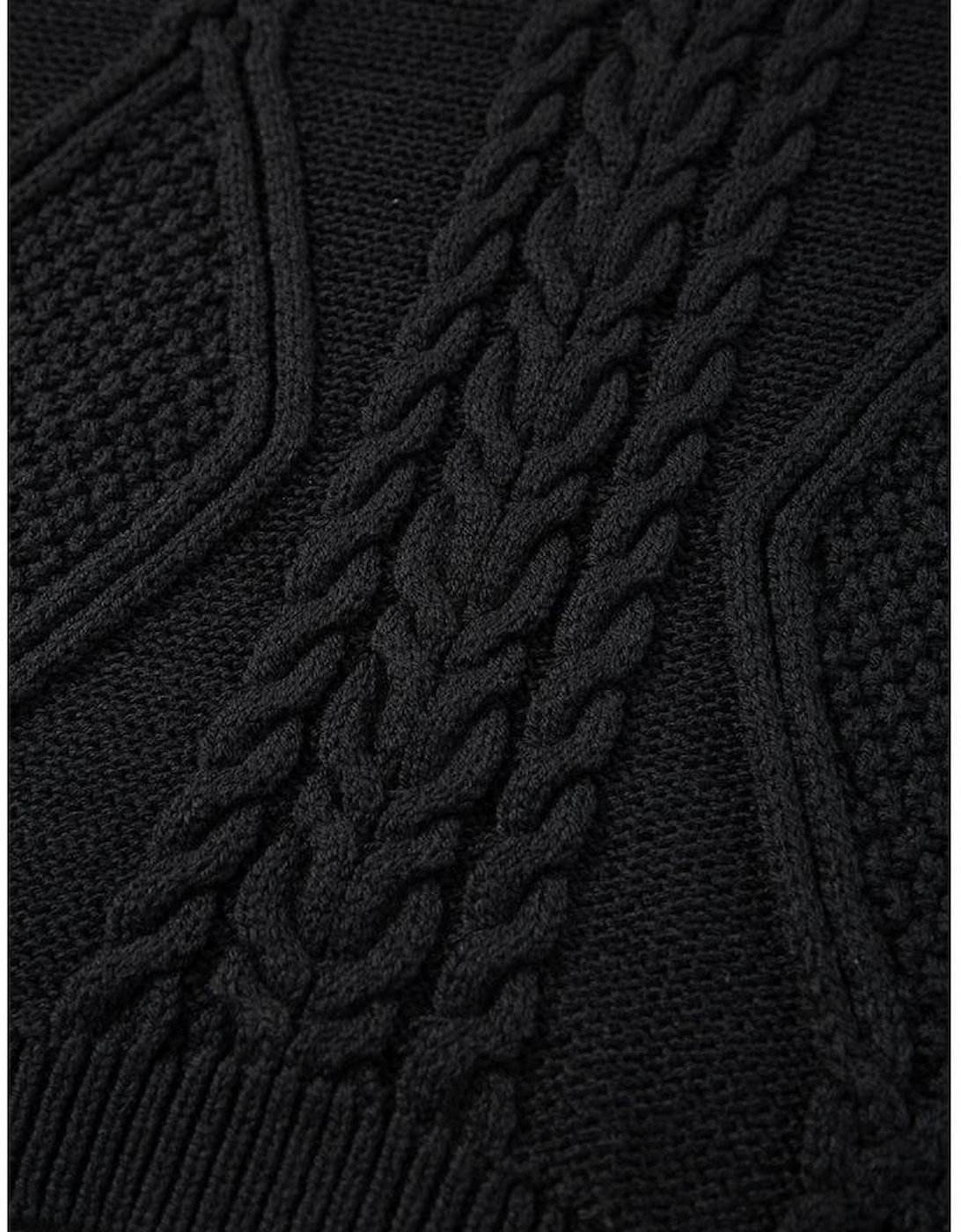 Black Solid Color Cable Knit High Neck Sweater Vest