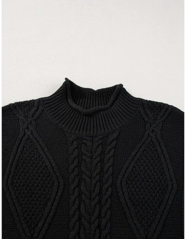 Black Solid Color Cable Knit High Neck Sweater Vest
