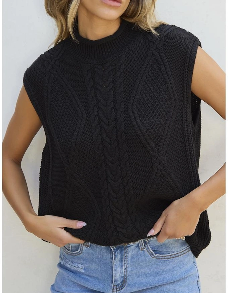 Black Solid Color Cable Knit High Neck Sweater Vest