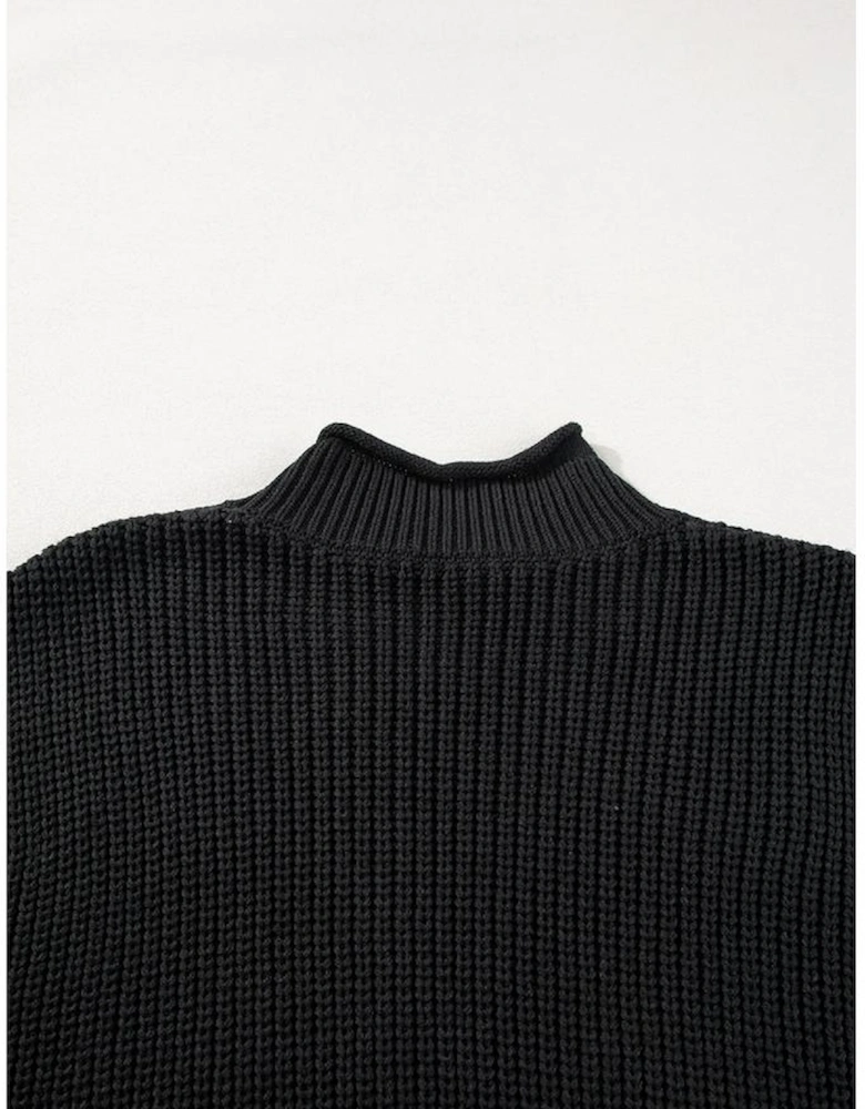 Black Solid Color Cable Knit High Neck Sweater Vest