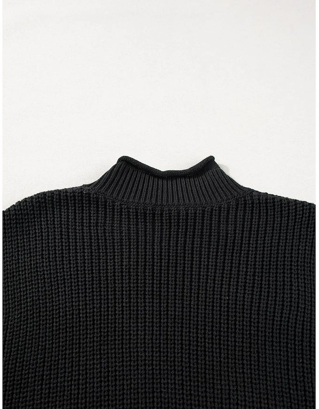 Black Solid Color Cable Knit High Neck Sweater Vest