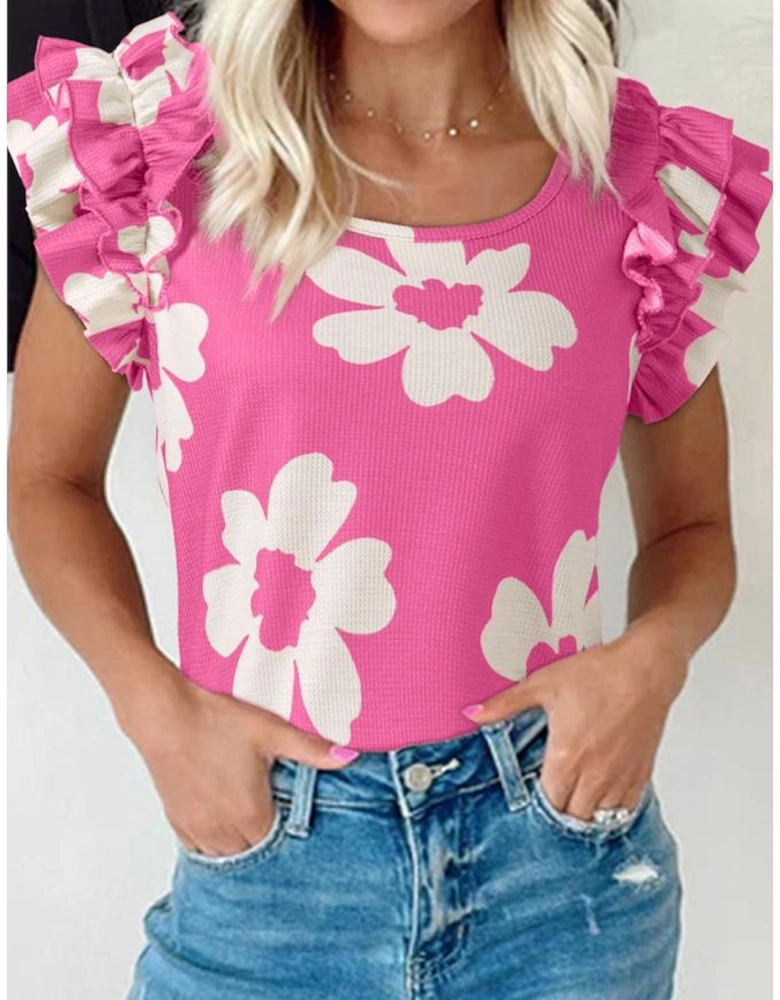 Pink Floral Textured Ruffled Short Sleeve Square Neck Blouse