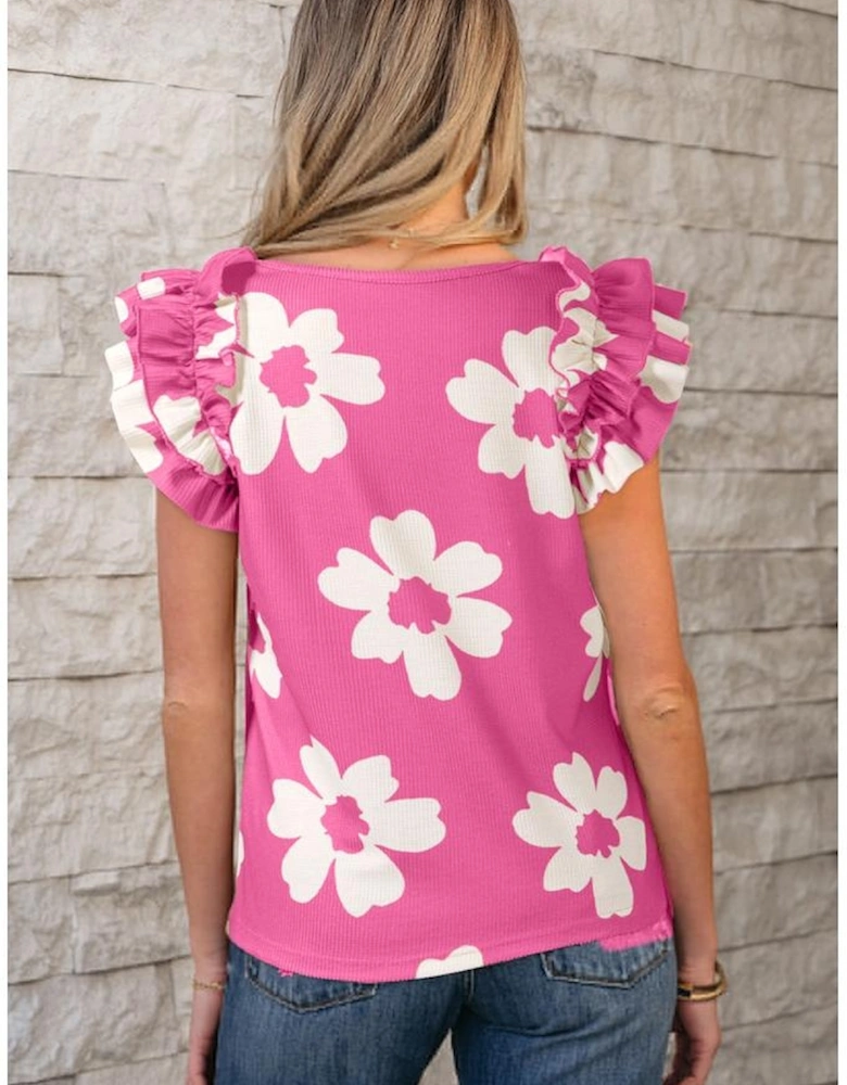 Pink Floral Textured Ruffled Short Sleeve Square Neck Blouse