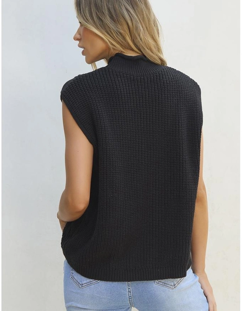 Black Solid Color Cable Knit High Neck Sweater Vest