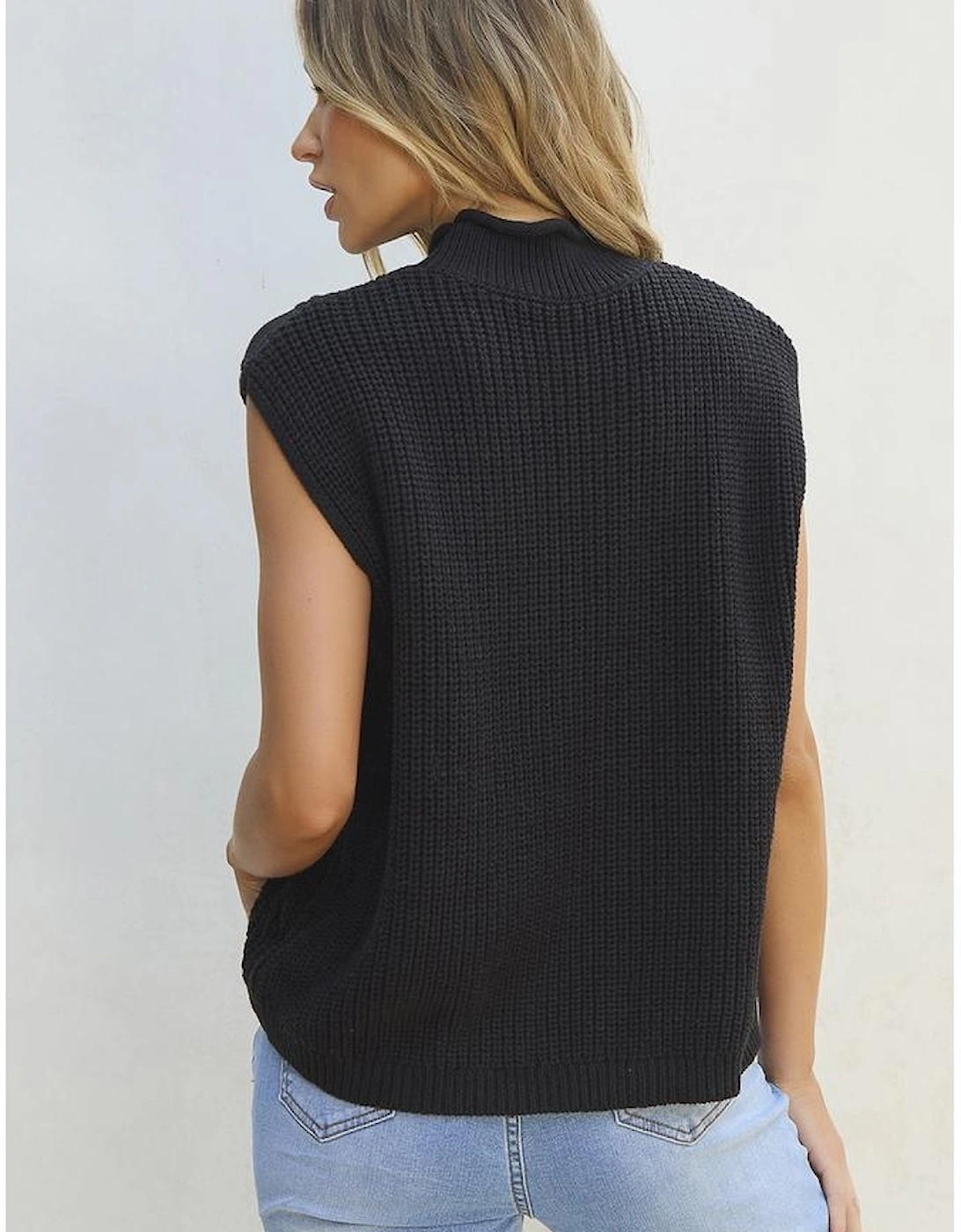Black Solid Color Cable Knit High Neck Sweater Vest