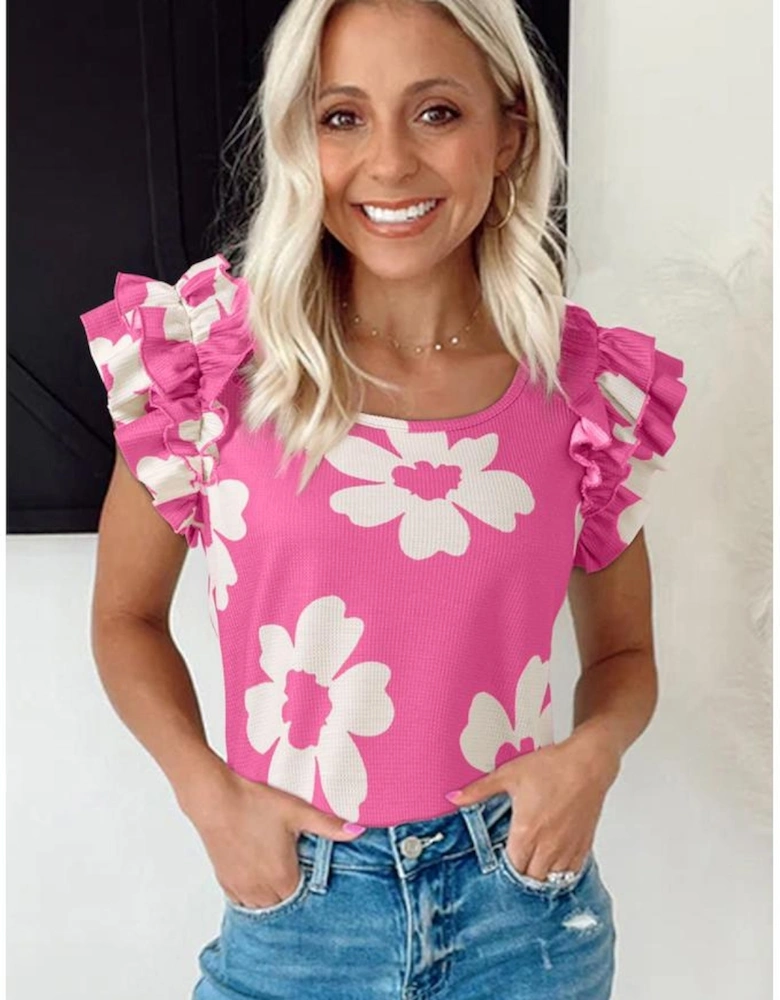 Pink Floral Textured Ruffled Short Sleeve Square Neck Blouse