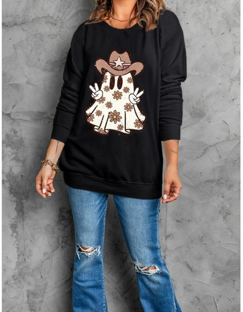 Black Halloween Floral Ghost Print Pullover Graphic Sweatshirt