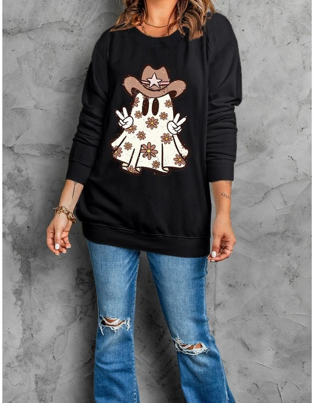 Black Halloween Floral Ghost Print Pullover Graphic Sweatshirt, 7 of 6