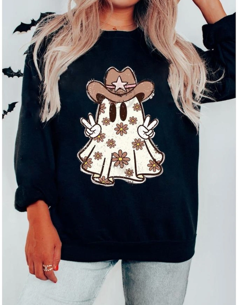 Black Halloween Floral Ghost Print Pullover Graphic Sweatshirt
