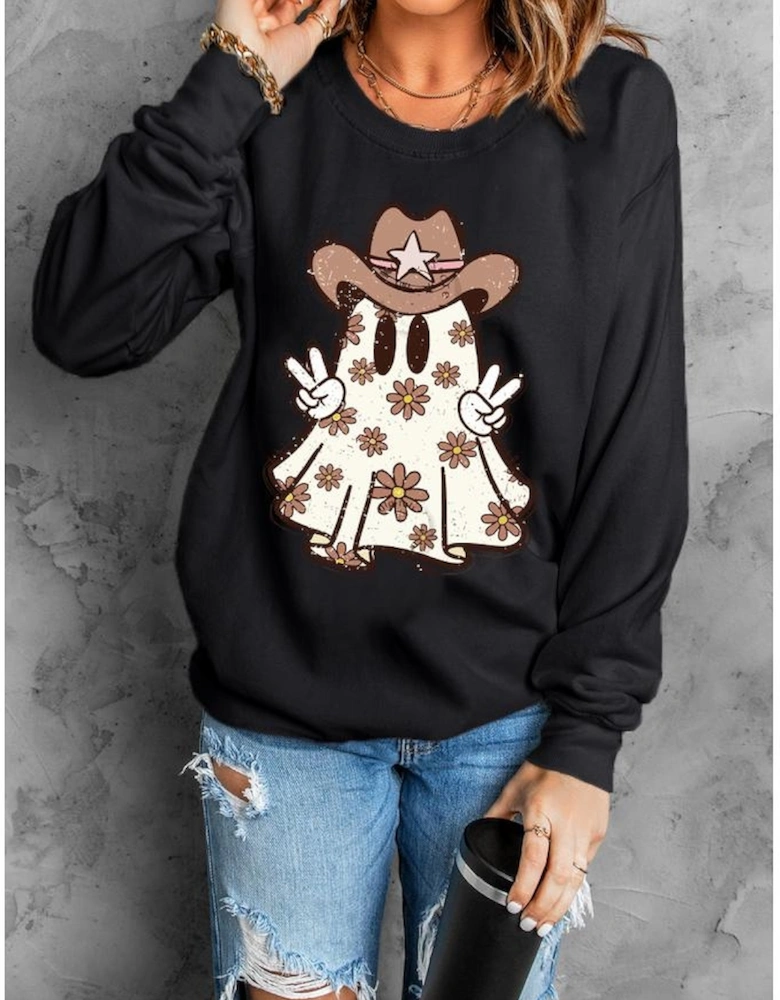 Black Halloween Floral Ghost Print Pullover Graphic Sweatshirt