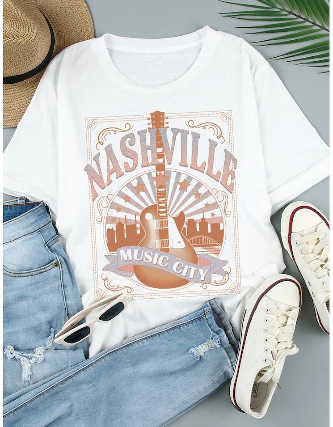 White MUSIC CITY NASHVILLE Graphic T Shirt