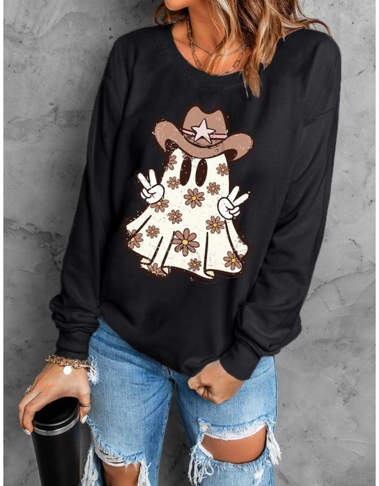 Black Halloween Floral Ghost Print Pullover Graphic Sweatshirt