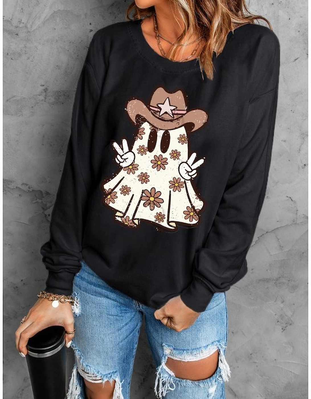 Black Halloween Floral Ghost Print Pullover Graphic Sweatshirt