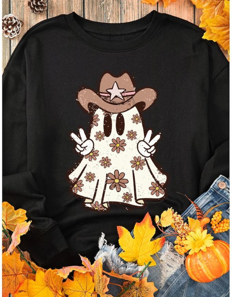 Black Halloween Floral Ghost Print Pullover Graphic Sweatshirt
