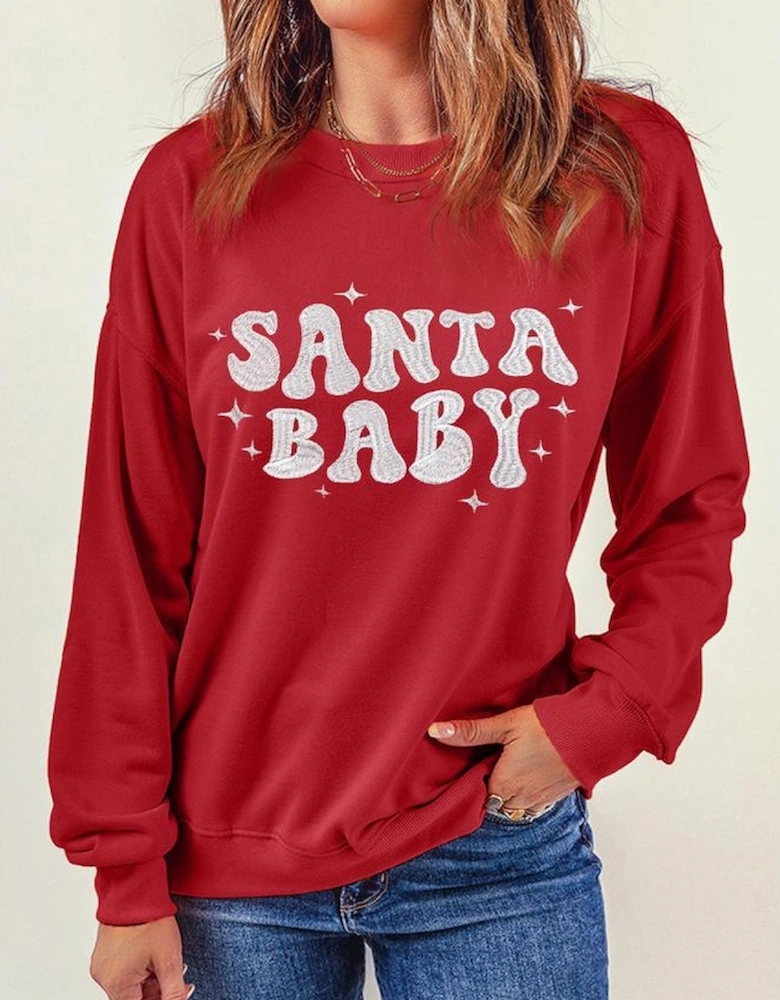Red SANTA BABY Embroidered Crewneck Christmas Sweatshirt
