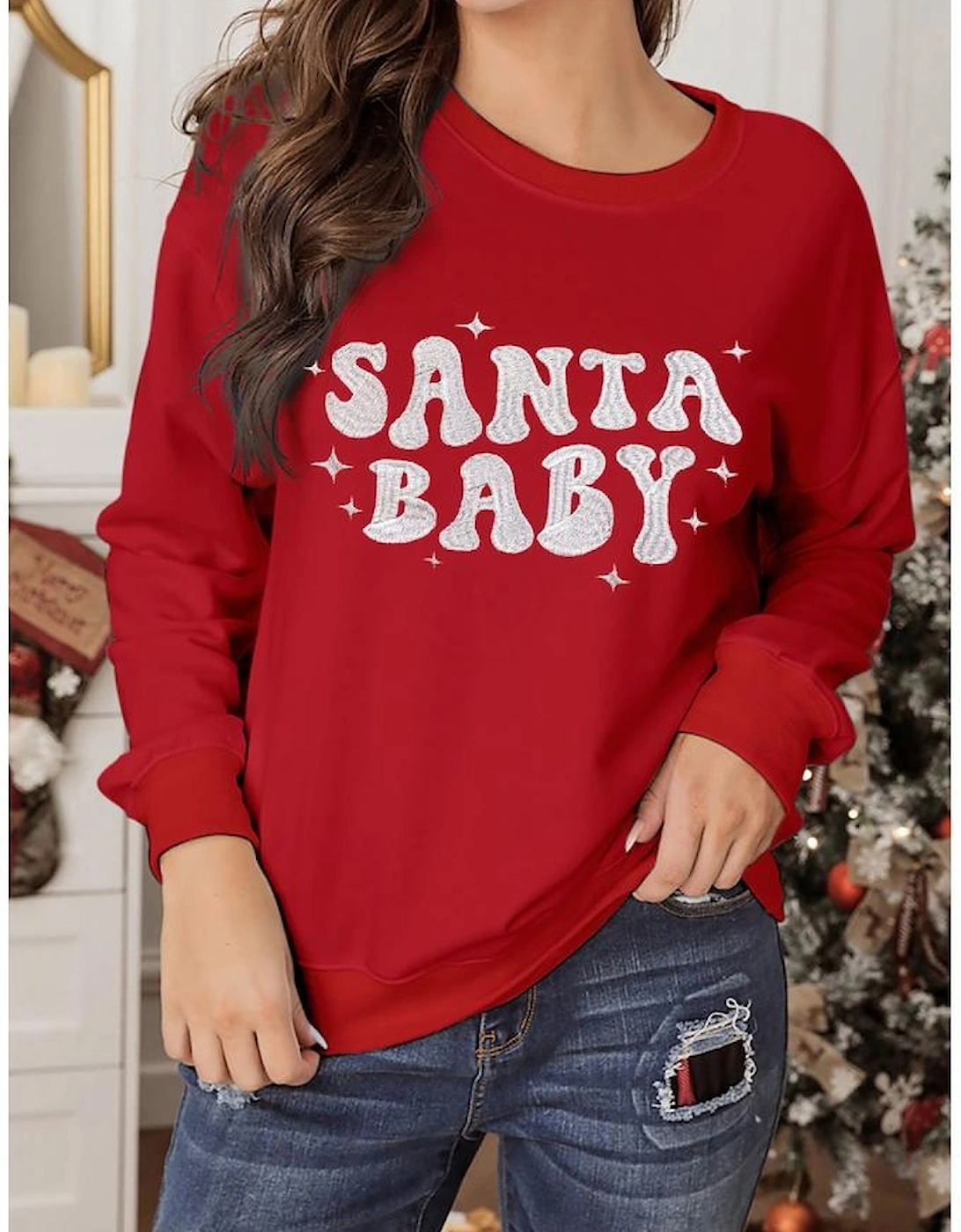 Red SANTA BABY Embroidered Crewneck Christmas Sweatshirt