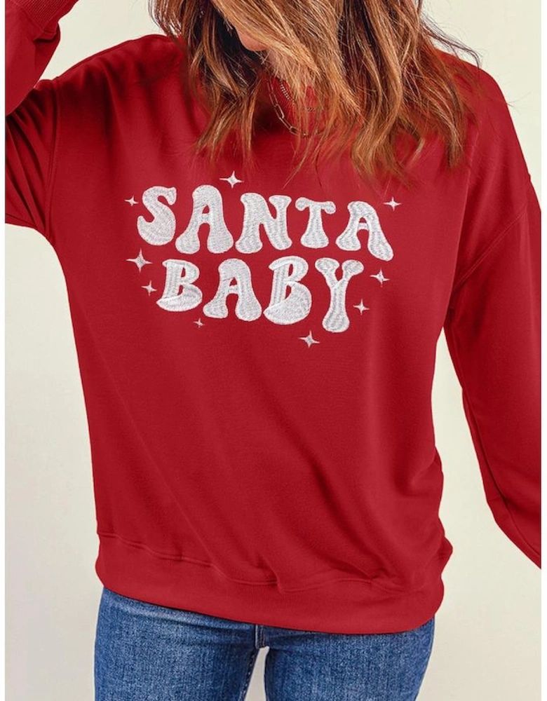 Red SANTA BABY Embroidered Crewneck Christmas Sweatshirt