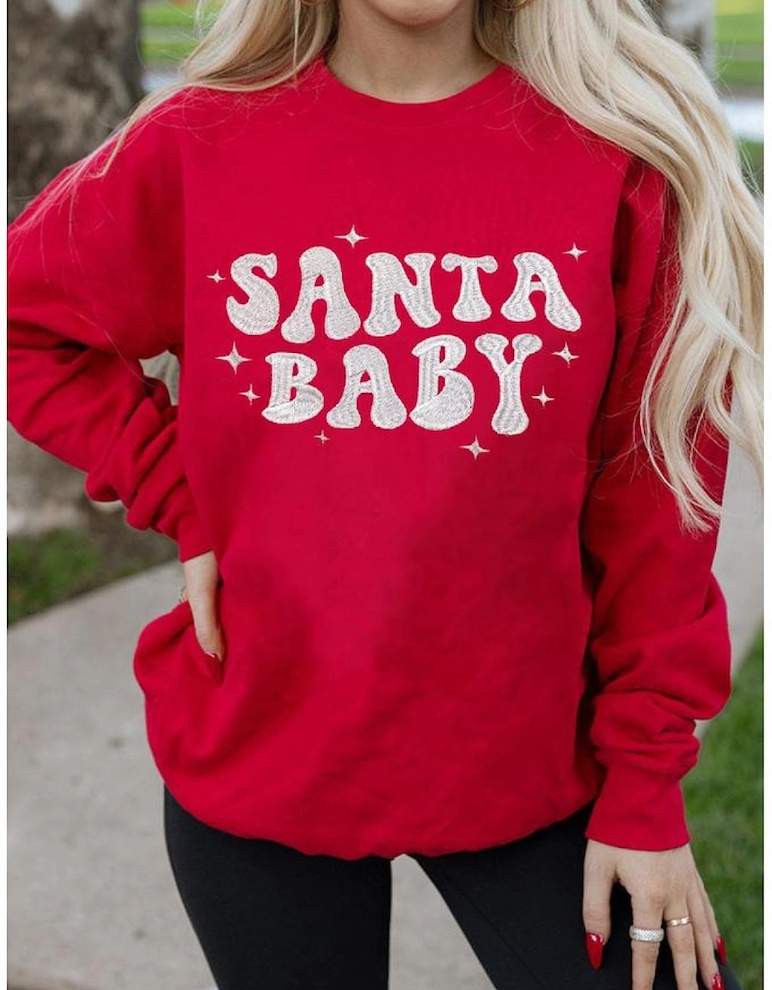 Red SANTA BABY Embroidered Crewneck Christmas Sweatshirt