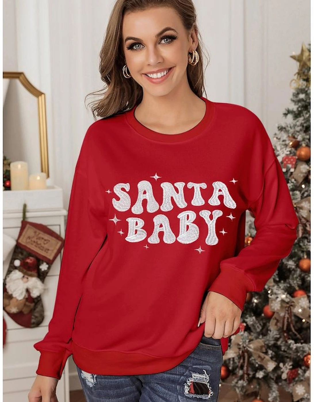 Red SANTA BABY Embroidered Crewneck Christmas Sweatshirt