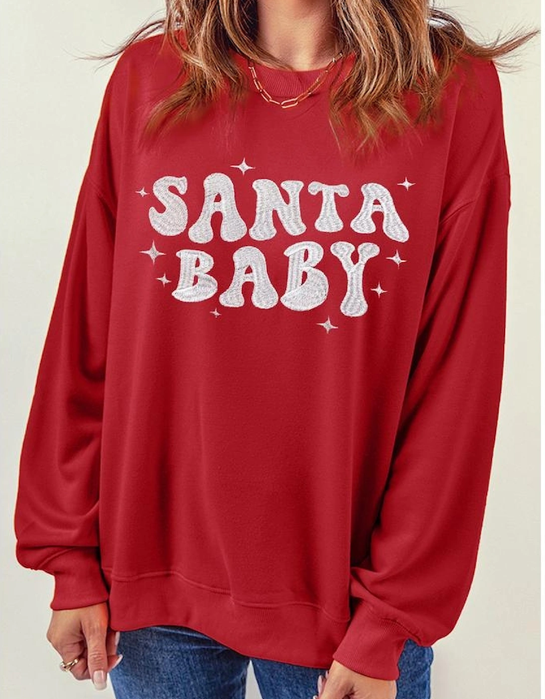 Red SANTA BABY Embroidered Crewneck Christmas Sweatshirt
