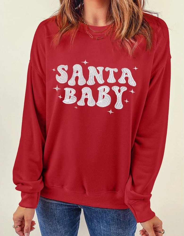 Red SANTA BABY Embroidered Crewneck Christmas Sweatshirt