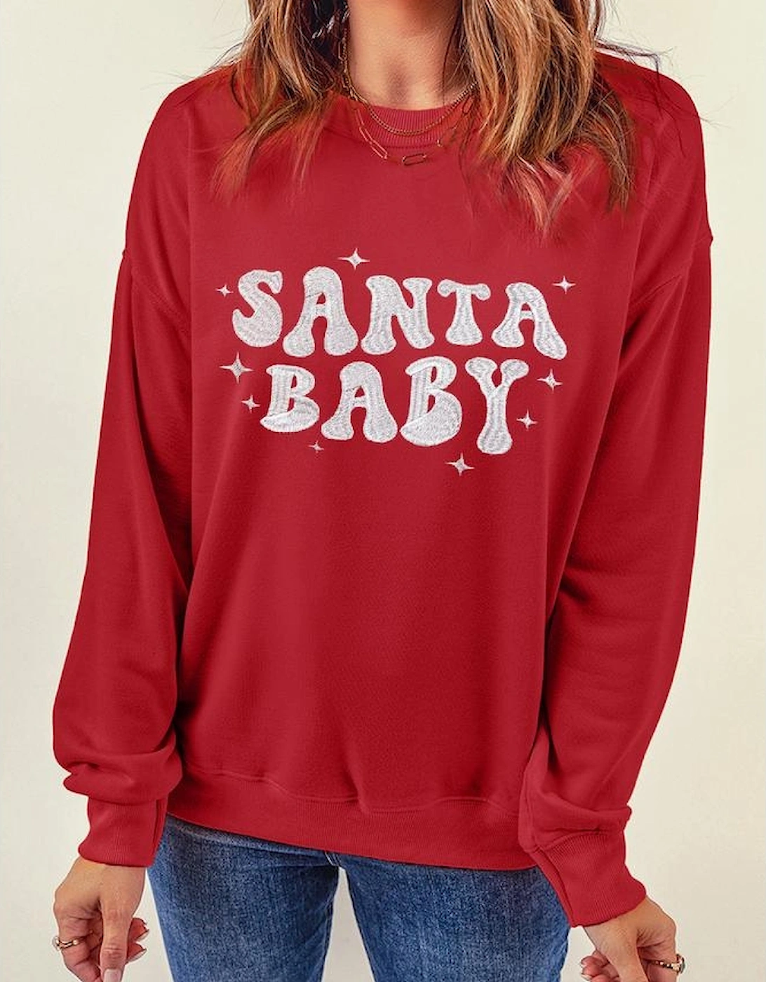 Red SANTA BABY Embroidered Crewneck Christmas Sweatshirt