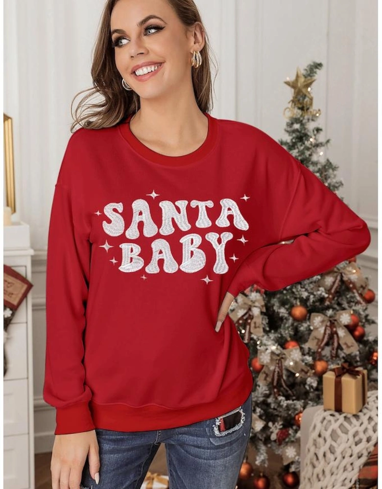 Red SANTA BABY Embroidered Crewneck Christmas Sweatshirt