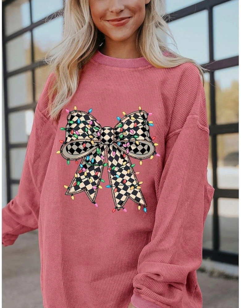 Strawberry Pink Checkered Bow Print Ribbed Crew Neck Pullover Sweatshirt