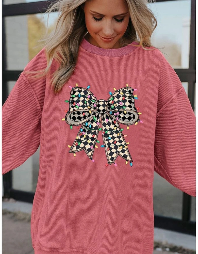 Strawberry Pink Checkered Bow Print Ribbed Crew Neck Pullover Sweatshirt