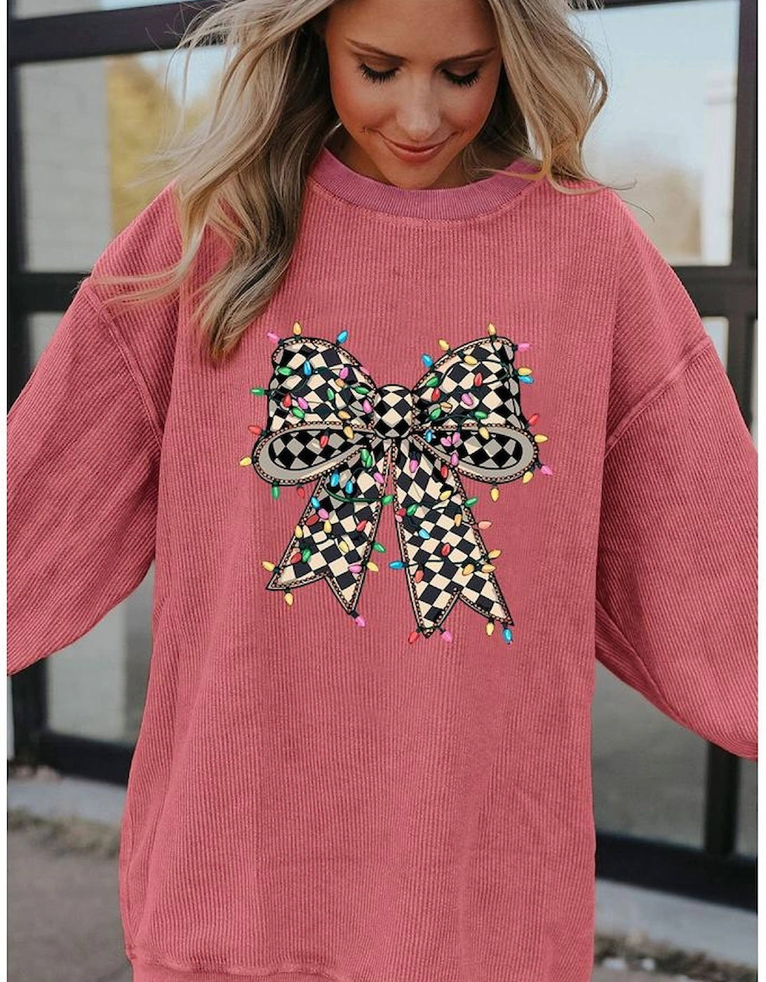 Strawberry Pink Checkered Bow Print Ribbed Crew Neck Pullover Sweatshirt