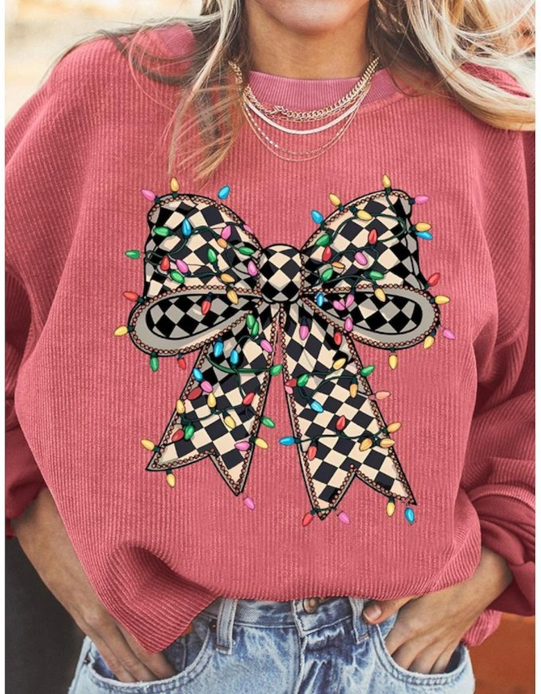 Strawberry Pink Checkered Bow Print Ribbed Crew Neck Pullover Sweatshirt