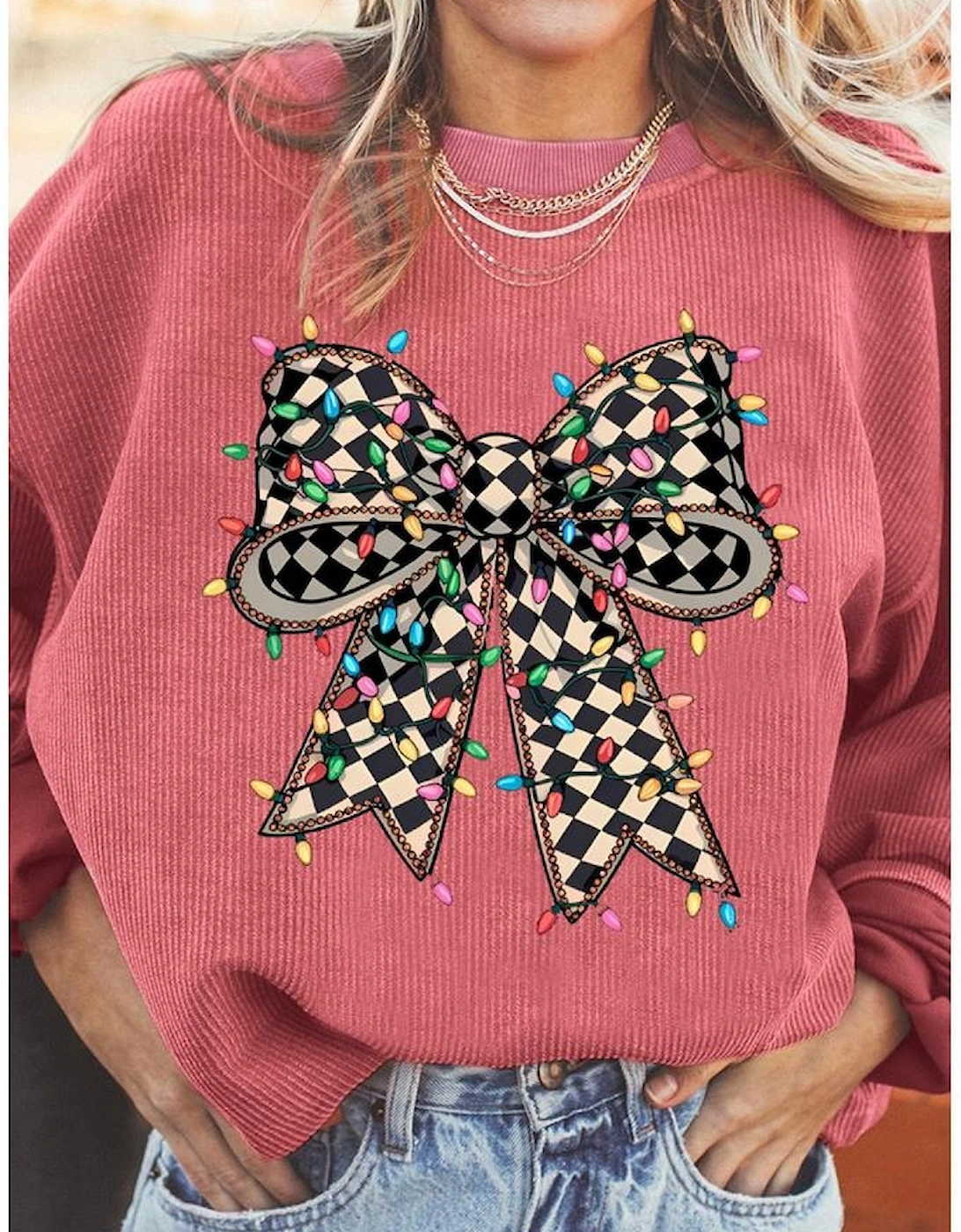 Strawberry Pink Checkered Bow Print Ribbed Crew Neck Pullover Sweatshirt, 6 of 5