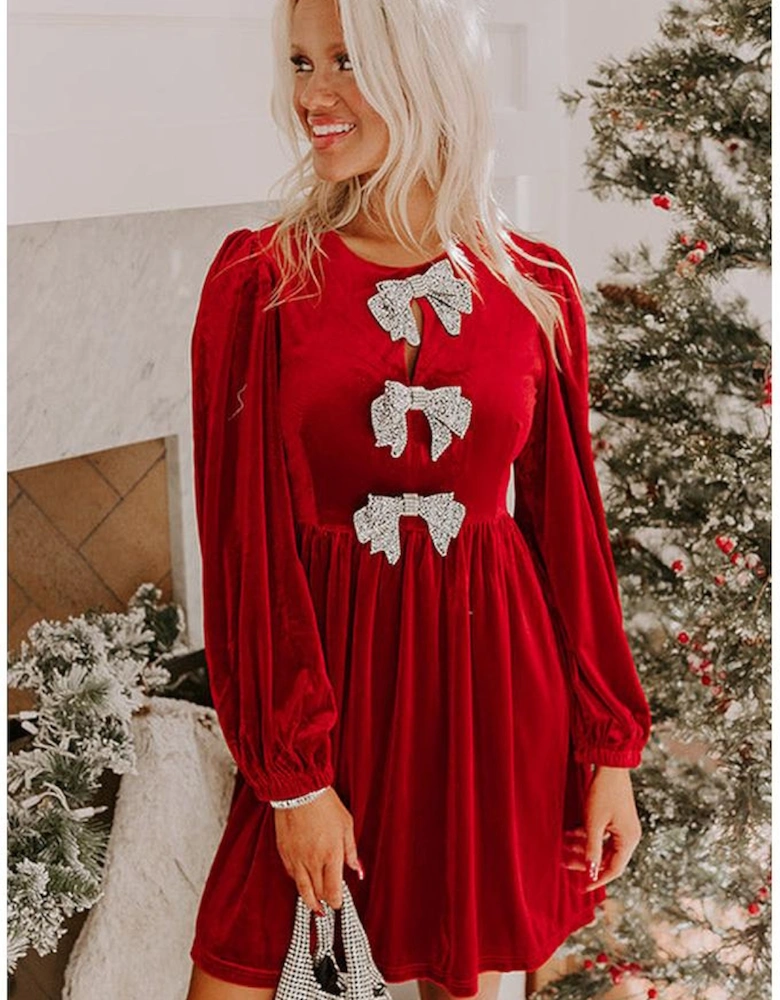 Fiery Red Bowknot Decor High Waist Velvet Mini Dress