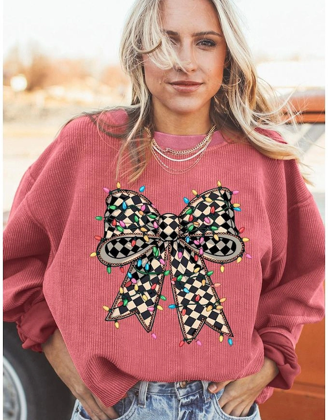 Strawberry Pink Checkered Bow Print Ribbed Crew Neck Pullover Sweatshirt