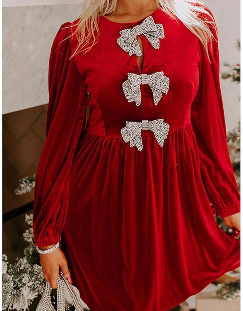 Fiery Red Bowknot Decor High Waist Velvet Mini Dress