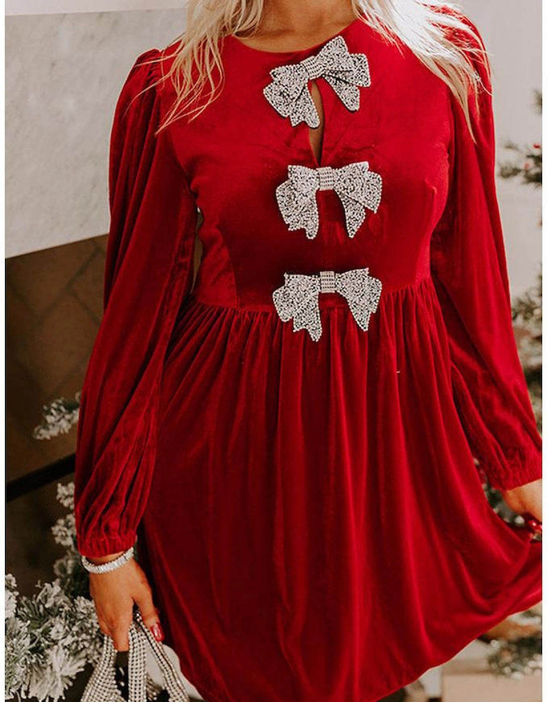 Fiery Red Bowknot Decor High Waist Velvet Mini Dress