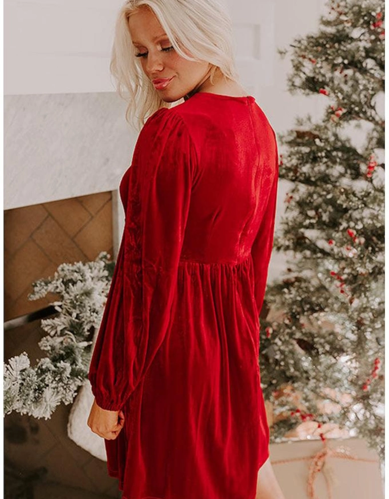 Fiery Red Bowknot Decor High Waist Velvet Mini Dress