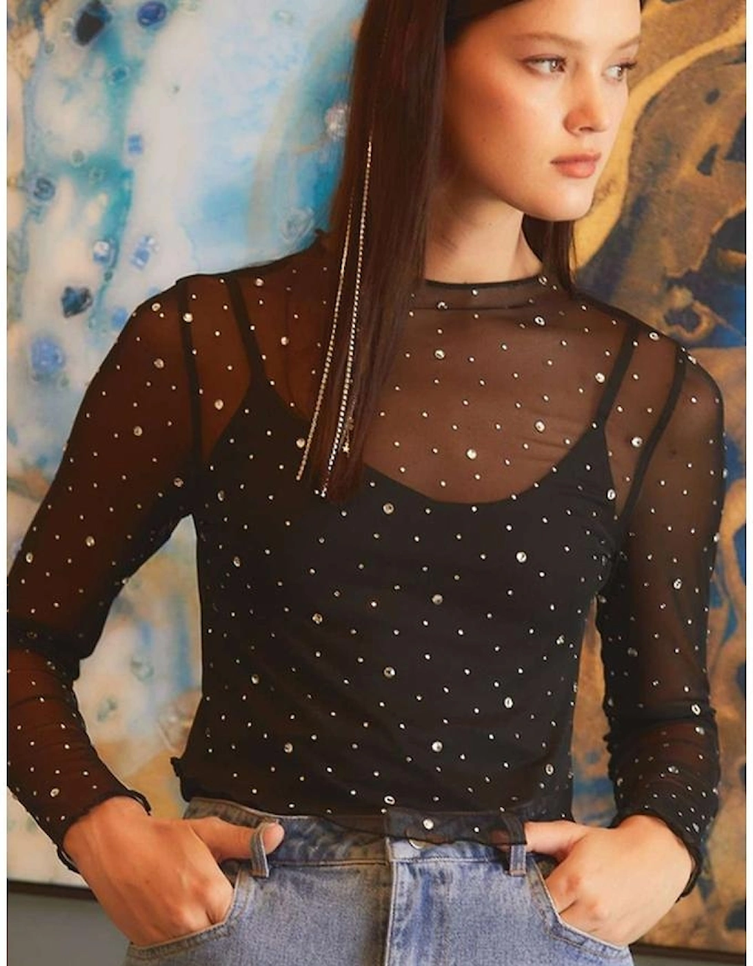 Black Rhinestone Sheer Mesh Slim Fit Long Sleeve Top